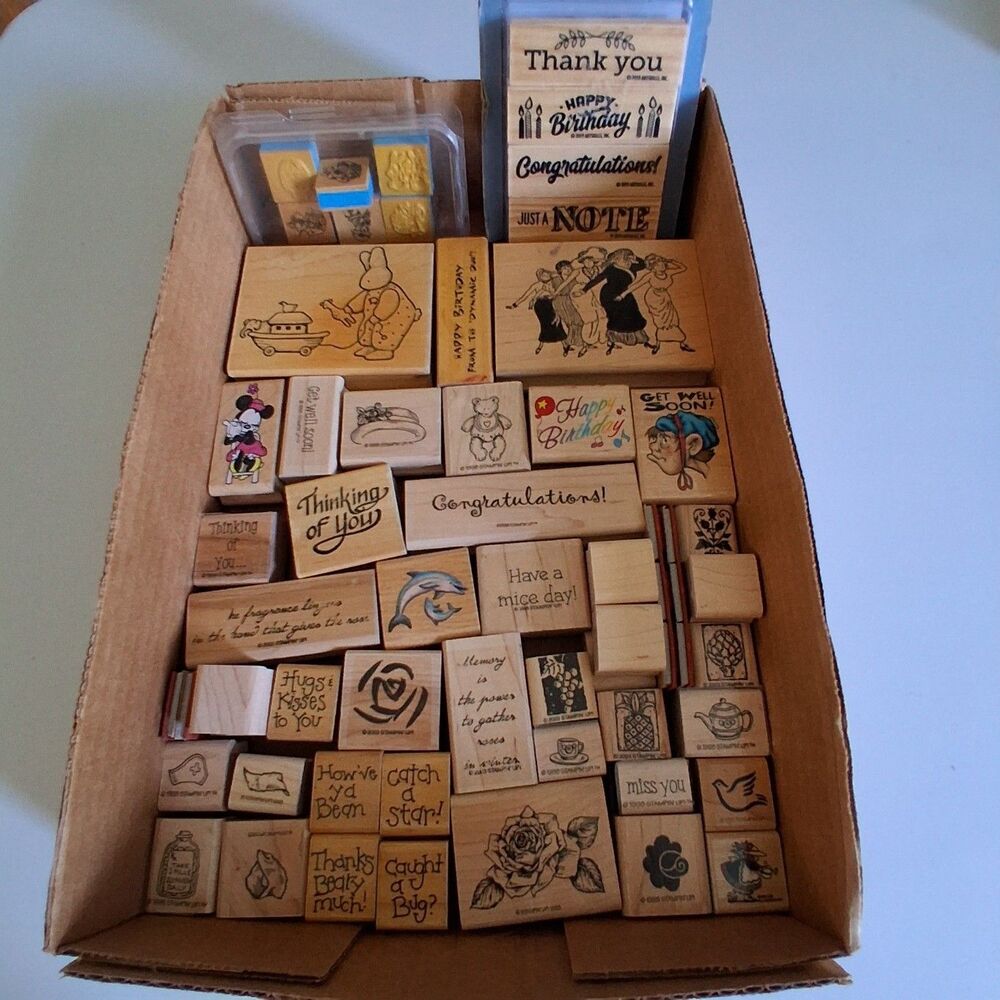 VTG Wood Rubber Stamp Lot 40+ Disney Minnie Mouse Bunny Animals Sayings Flowers